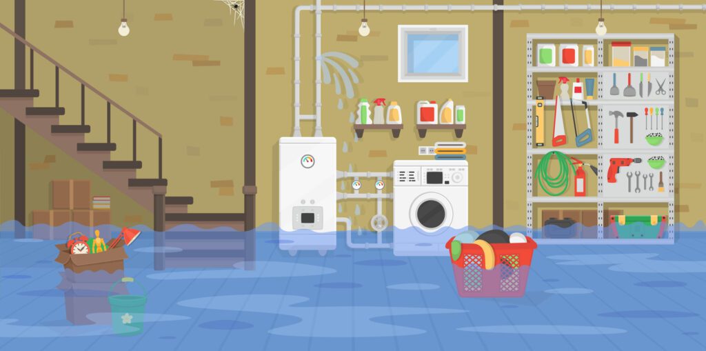Illustration of a flooded basement with water covering the floor, damaged items floating, and leaking pipes. The image highlights the question: "Can a Wet Basement Be Fixed?" showcasing common issues like water damage, storage, and utility risks in a typical home basement
