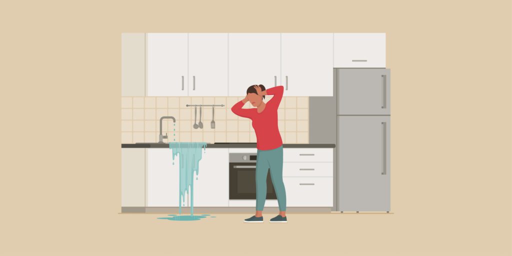 Illustration of a woman distressed by an overflowing sink in a kitchen, representing one of the top reasons behind leaks in NYC apartments.