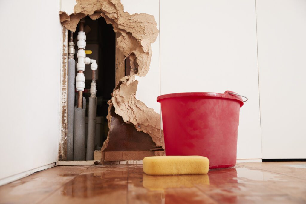A broken wall with exposed pipes after water damage, with a red bucket and yellow sponge ready for cleanup. Learn what to do after water damage to restore your home