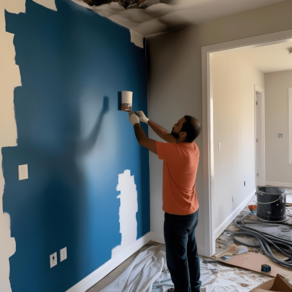 Man repainting smoke damaged walls