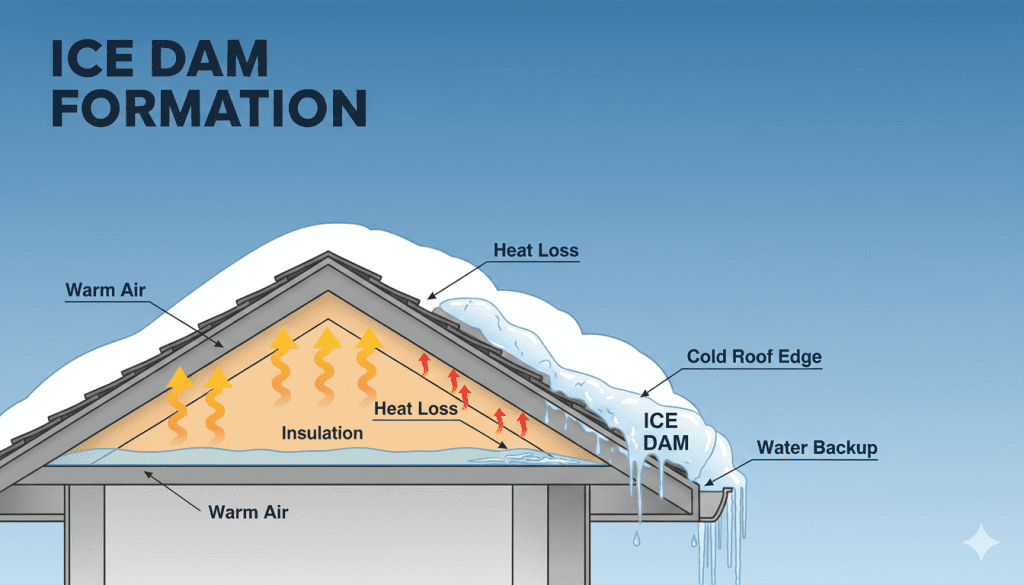 Diagrams how Ice Dams Form